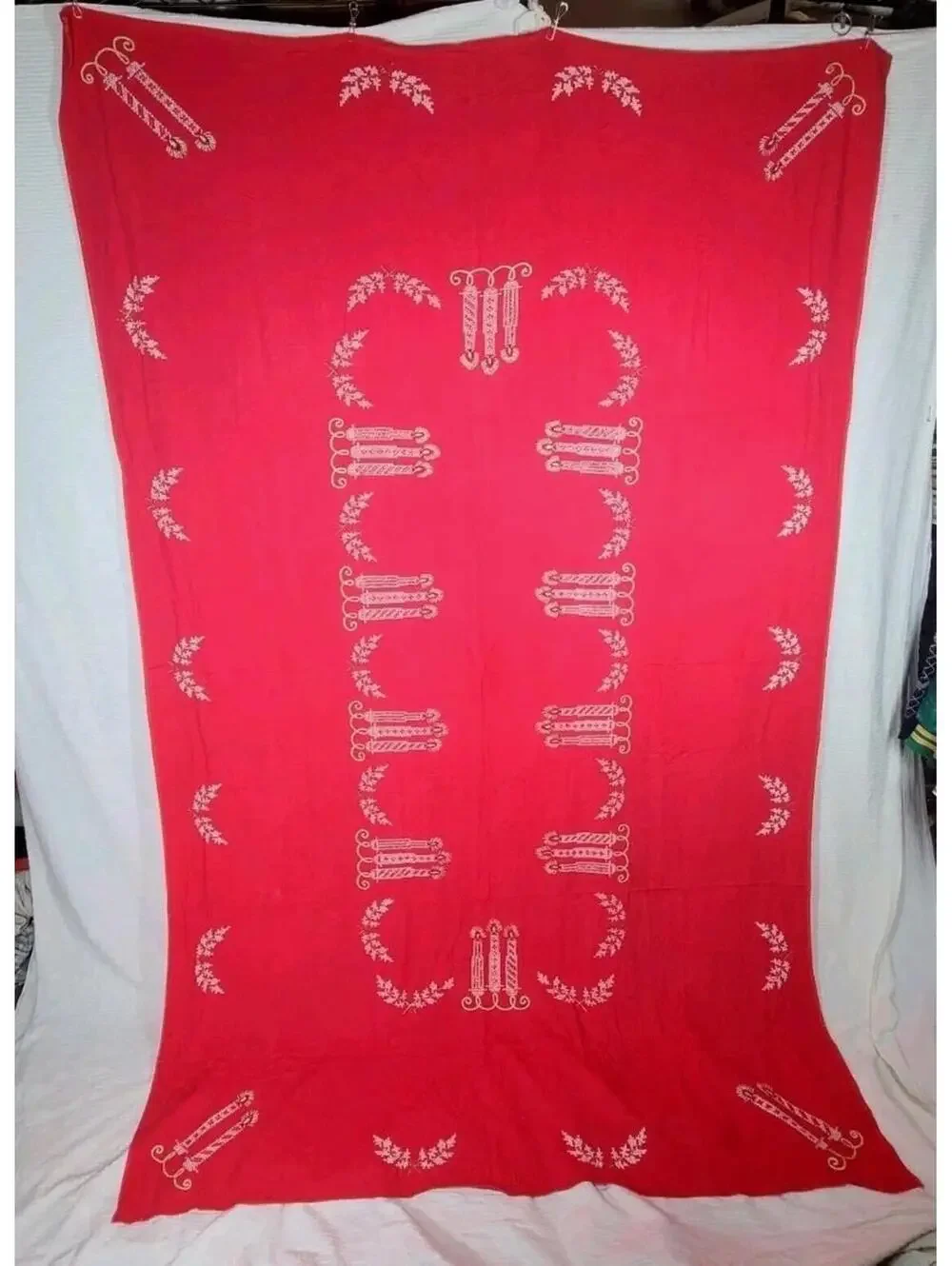 Vintage 50s Tablecloth Rhinestone Hand Embroidery Sparkle Candles Holiday 60x92
